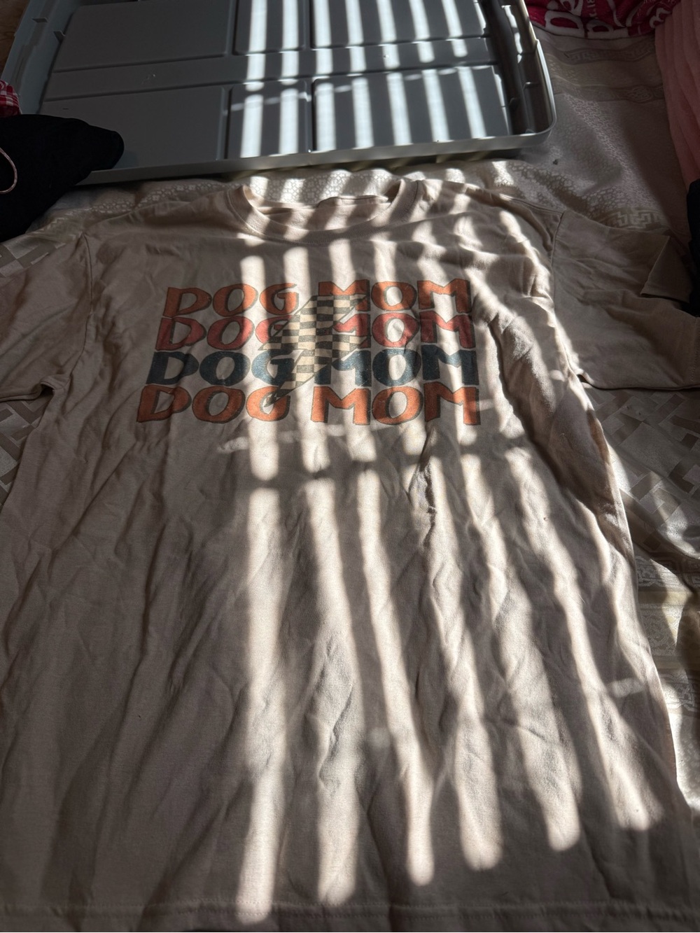 Dog Mom Graphic Tee - Beige with Orange & Black Print